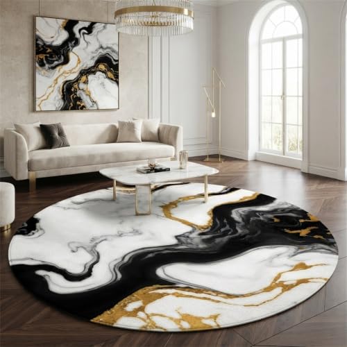Unique Abstract Marble Texture Area Rug 6ft Round Rugs for Livingroom Bedroom Modern Black and White Gold Art Aesthetic Deco Circle Carpet Soft Non Slip Thin Washable Rug Nursery Dorm Floor Mat
