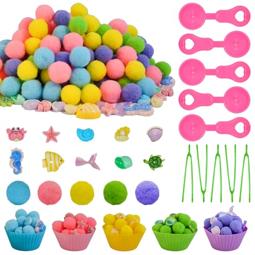 Unvola 185pcs Summer Ocean Animal Sensory Bin Filler Fine Motor Toys Ocean Animals Sensory Bin Items Resin Crab, Starfish, Sea Snail, Pearl Shell Pom Poms for Preschool Education Counting Sorting