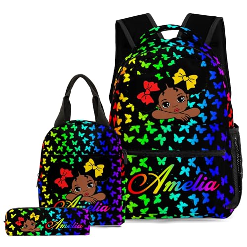 UOZGUY Personalized Kids Backpack for Girls, Customized School Bookbag Set with Lunch Box and Pencil Case, Back to School Gift with Name, Elementary Schoolbag Lightweight, 16.5"H, Lovely Black Girl-1