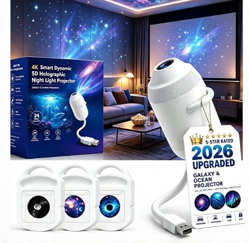 Upgraded HD Smart Dynamic 5D Holographic Night Light Projector, Plug and Play HD Star Projector, 360° Adjustable Galaxy Projectors Night Light, USB Powered for Bedroom Ceiling Wall Decor (3 Films)