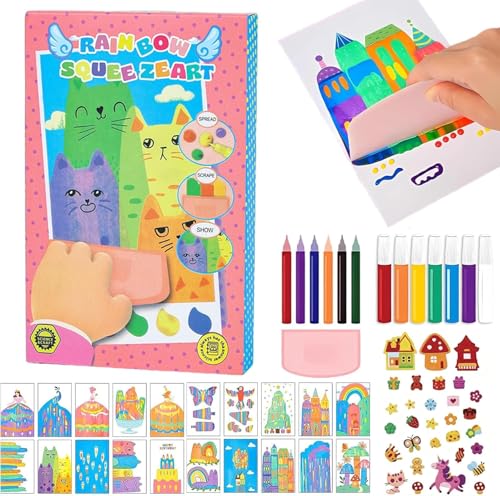Upgrade Magic Rainbow Scratch Paper Art Set, Creative Squeegee Painting Kit, Rainbow Squeeze Art Kit, DIY Postcards Scratch Art Gifts for Party Birthday Festival (Set B)