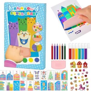 Upgrade Magic Rainbow Scratch Paper Art Set, Creative Squeegee Painting Kit, Rainbow Squeeze Art Kit, DIY Postcards Scratch Art Gifts for Party Birthday Festival (Set A)