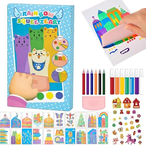 Upgrade Magic Rainbow Scratch Paper Art Set, Creative Squeegee Painting Kit, Rainbow Squeeze Art Kit, DIY Postcards Scratch Art Gifts for Party Birthday Festival (Set A)