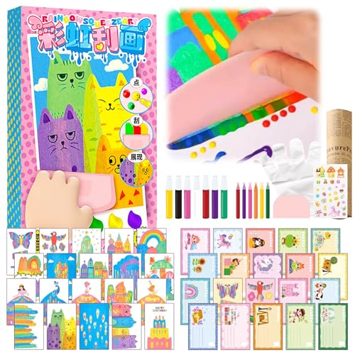 Upgrade Rainbow Magic Scratch Art Set Include 20 Premium Scratch Paper Sheets with 7-Color Tools Stickers, Create Floating Masterpieces & Postcards Creative Gifts for Birthday Valentines Day New Year