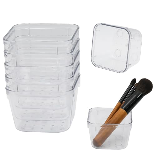 urmetimern 6 Pack Stackable Drawer Organizers 3" x 3" x 2" Square Trays with Non-Slip Pads Small Makeup Vanity Storage Bins and Office Desk Drawer Organization Container Dividers