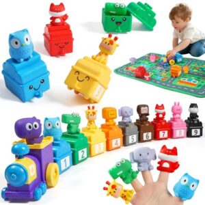 URMYWO Learning Toys for 1 2 3 Years Old Boy Girl, Toddler Montessori Toys, Train Set with 10 Finger Puppets & Play Mat, Counting Matching & Sorting, Toddler Birthday Gift