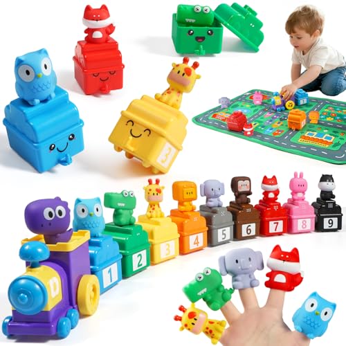 URMYWO Learning Toys for 1 2 3 Years Old Boy Girl, Toddler Montessori Toys, Train Set with 10 Finger Puppets & Play Mat, Counting Matching & Sorting, Toddler Birthday Gift