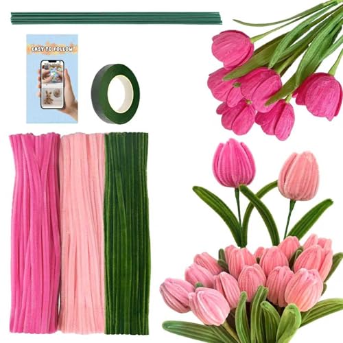 URSDIART 311pcs Pipe Cleaners - 300pcs Thick Pipe Cleaners Crafts+ 10 Flower Stems+Green Tape | Art and Craft Projects Supplies for Flowers, Classroom Project, Decoration (Tulip)
