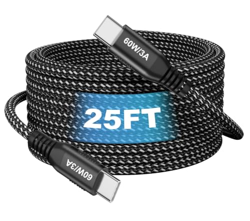 USB C to USB C Cable 25ft, Super Long 60W Type C to C Charging Cord Braided USB 2.0 Data Transfer Long USB C Cable Compatible with iPhone 15/16/17, Samsung Galaxy, Pixel, Pad Pro/Air, MacBook Pro/Air