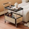 Utility Cart with Storage Basket, Mobile Serving Cart with Lockable Wheels, Multifunctional Storage Table for Kitchen, Living Room, Bar, Office, Easy to Move