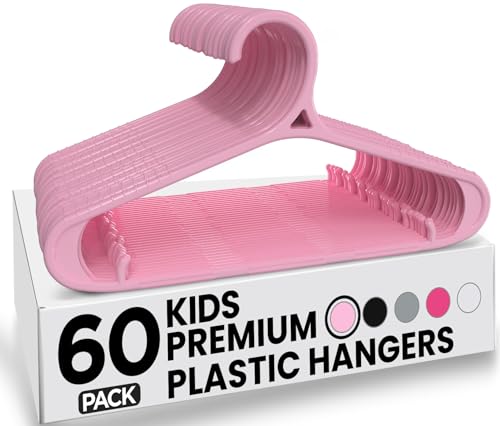 Utopia Home Kids Hangers 60 Pack - 11 Inch Plastic Baby Hangers for Closet - Childrens Hanger for Clothes & Infant Hanger for Closet - Non-Slip Shoulder Grooves, Strap Hooks & Pants Bar (Baby Pink)