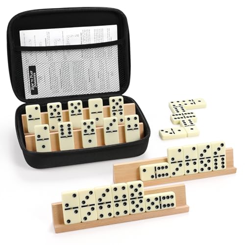 uvcany Dominoes Set Adults with 4 Wooden Racks/Trays Double Six Dominoes Travel Set with Portable Case Double 6 Dominoes Set with 4 Tiles Holders 28 Tiles Dominos Set Family Classic Board Games White