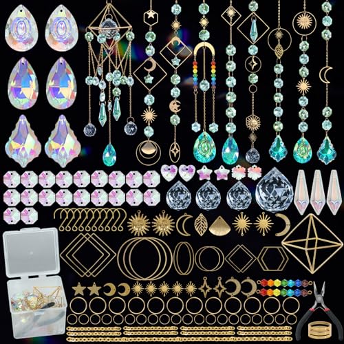 UXORSN DIY Crystal Suncatcher Making Kit, Celestial Moon Star Gold Charms Prism Set with Chains Pliers, AB Color Crystals Rainbow Maker Window Hanging Craft Kit for Home Decor Gifts Women Adults