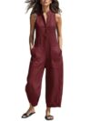 Uyzynthium Linen Jumpsuits for Women Summer Sleeveless Button Down Stand Collar Wide Leg Jumpsuit Loose Fit Romper with Pocket
