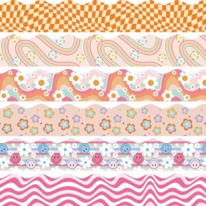 VABAMNA Bulletin Board Borders Groovy Classroom Decorations, 84ft Retro Bulletin Board Trims Happy Face Flower Daisy Plaid Classroom Wall Door Decors for Teacher School Office Supplies