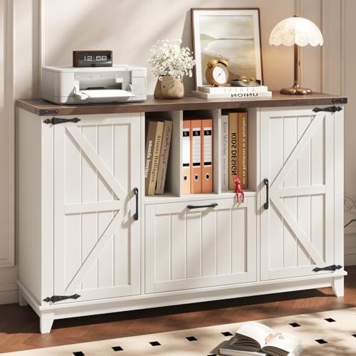 Vabches Lateral File Cabinet with File Drawer, Farmhouse Filing Cabinet with Storage Shelves for Legal/A4/Letter Size Hanging Files, Large Modern Printer Stand for Home Office (Rustic White/Brown)