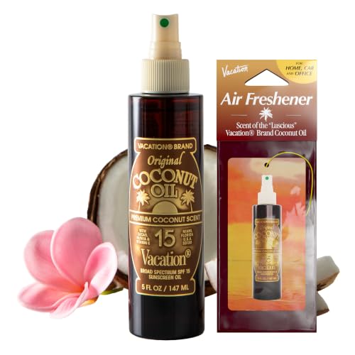 Vacation Coconut Oil SPF 15 Sunscreen Oil Spray and Air Freshener Bundle, 5 Fluid Ounces - Hydrating Body Sunscreen, Lightweight, Reef Safe, Transparent on All Skin Tones, Non-Greasy