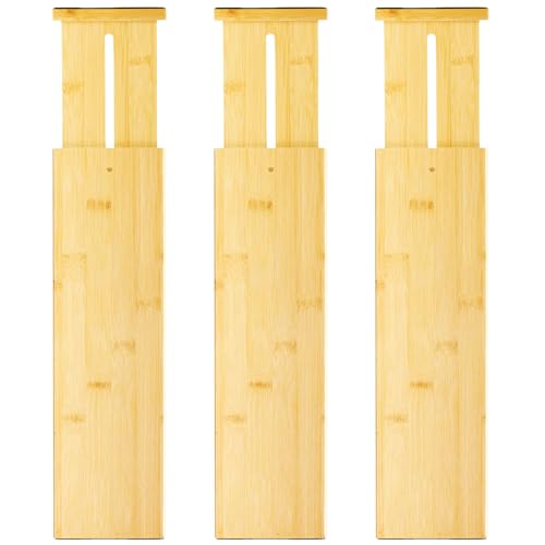 VaeFae 3 Pack Bamboo Drawer Dividers, 4" High Adjustable 16.6" - 21.8" Clothes Drawer Organizers, Expandable Separators for Bedroom/Bathroom/Kitchen/Office Storage