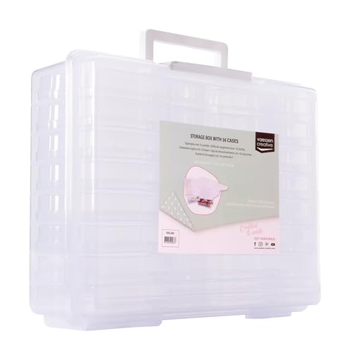 Vaessen Creative Photo Storage Box with Lid - 14.8 x 11.8 x 5.1" - 16 Cases of 6.7 x 4.7 x 1.3" - Clear Plastic Organiser for Sewing, Diamond Art, Small Accessories and Craft Supplies