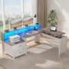 Vagaconl Farmhouse L-Shaped Standing Desk with Power Outlet & LED Lights