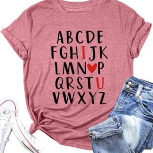 Valentine's Day Shirt Women Alphabet ABC I Love You Printed T-Shirts Teacher Valentine Shirt Tees Tops (Pink3, Small)