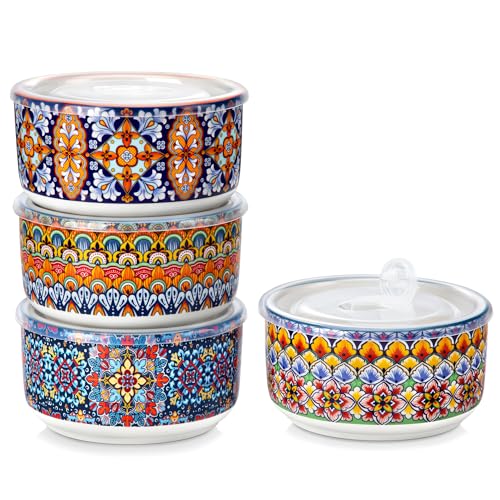 vancasso 36 oz Ceramic Bowls with Lids Set of 4, 6 Inch Food Storage Containers & Prep Bowls for Leftovers, Soup, Cereal, Meal Prep, Office Lunch, Microwave & Dishwasher Safe, Series SIMI