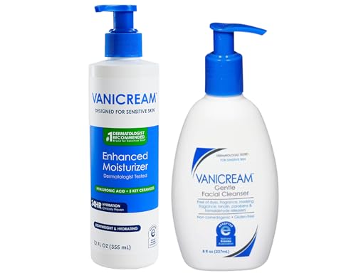 Vanicream Sensitive Skin Care Set, Gentle Facial Cleanser 8 fl oz and Enhanced Moisturizer with Hyaluronic Acid and Ceramides 12 fl oz, Dermatologist Tested Daily Face Care Bundle