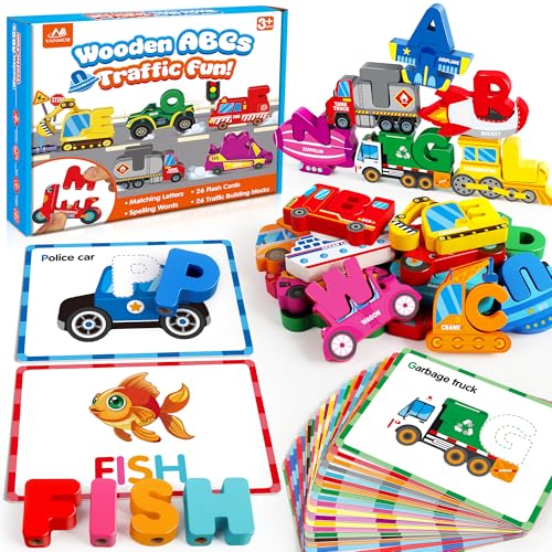 Vanmor Wooden Vehicle Alphabet Puzzle for Toddlers, Traffic ABC Letter Sight Words Matching Game with 52 Blocks and Flash Cards, Spelling Game Toys, Kindergarten Preschool Learning Activities