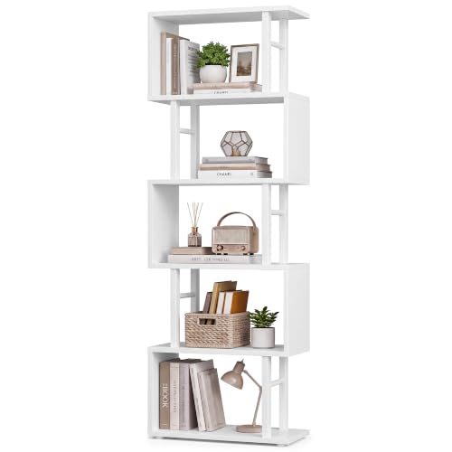 VASAGLE 6-Tier Book Shelf, S-Shaped Tall Book Shelf, Metal and Wood Display Shelf for Living Room and Office, Shelving Unit, 15 x 9.4 x 61.9 in, White, Barnet Collection ULLS172WB01