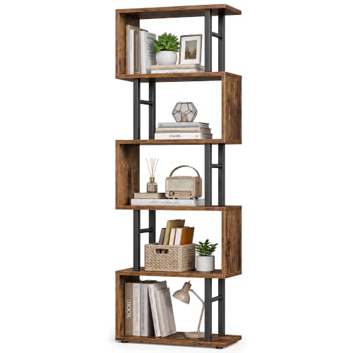 VASAGLE 6-Tier Bookshelf, S-Shaped Wood and Metal Bookcase, Tall Narrow Display Shelf, 15 x 9.4 x 61.9 in, for Living Room Storage, Rustic Brown and Matte Black, Barnet Collection ULLS172KD01