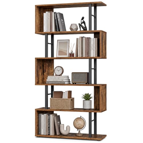 VASAGLE 6-Tier Bookshelf, S-Shaped Wood and Metal Bookcase, Tall Narrow Display Shelf, 23.6 x 9.4 x 62.6 in, for Living Room Storage, Rustic Brown and Matte Black, Barnet Collection ULLS182KD01