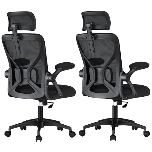 VASAGLE Ergonomic Mesh Office Chairs with Adjustable Lumbar Support and Headrest, 90-105° Tilt Function, Wide Seat, Flip‑Up Armrests, Computer Desk Chairs for Home Office, Set of 2, Ink Black