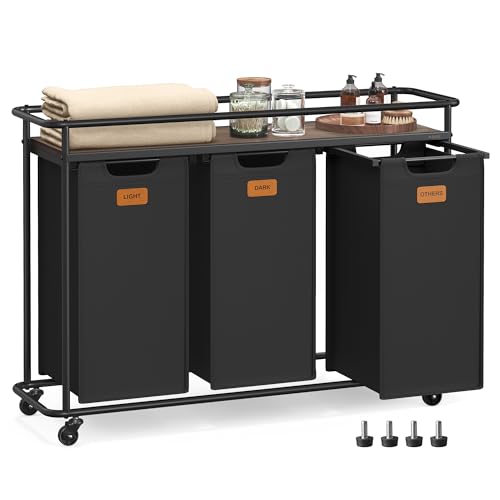 VASAGLE Laundry Sorter, Laundry Hamper with Wheels, 39.6 Gal. (150 L) Portable Rolling Cart Baskets with Shelf, 3 Removable Liners and 6 Labels, Ink Black and Chestnut Brown UBLH103BH01