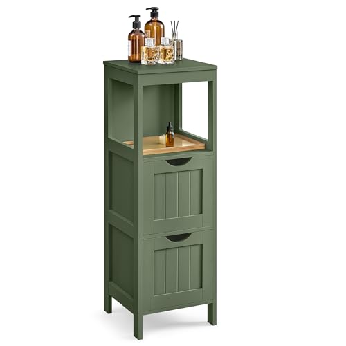 VASAGLE Storage Cabinet, Storage Organizer Rack Stand for Bathroom, Living Room, Multifunctional Corner Unit, 2 Drawers, 35 Inches in Height, Forest Green UBBC042C01