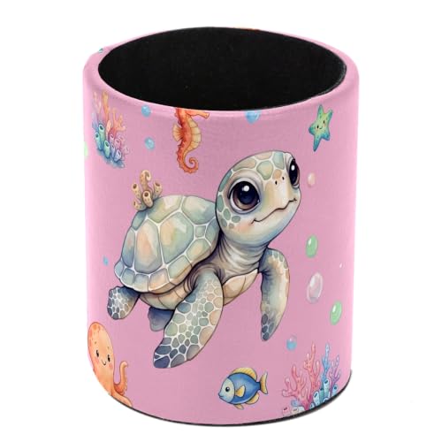 Vcedizo Pencil Pen Holder for Desk, Bee Makeup Brush Holder Pencil Cup Desk Accessories Storage Organizer Desktop Stationery Organizer for Office School Home Supplies (Sea Turtle Pink)