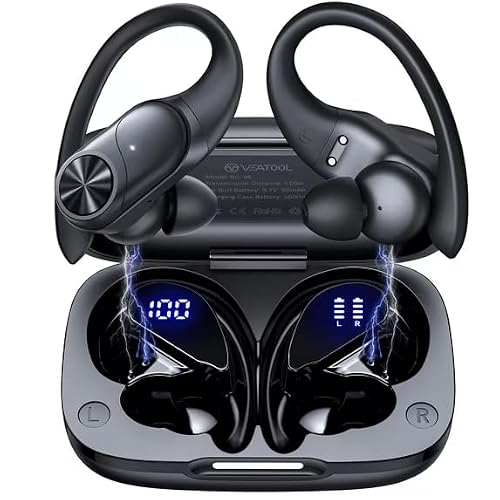 VEAT00L V6 Bluetooth Headphones Wireless Earbuds 88Hrs Playback Sport Ear Buds with Earhook Digital Display Charging Case IPX7 Waterproof Earbud Deep Bass Running Earphones for iOS Android Cellphone