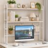 VECELO 2-Tier Desktop Bookshelf, Retro Brown Metal Desk Hutch with Grid Panel, 45.3 Inch Wide Countertop Storage Organizer for Bedroom & Dorm