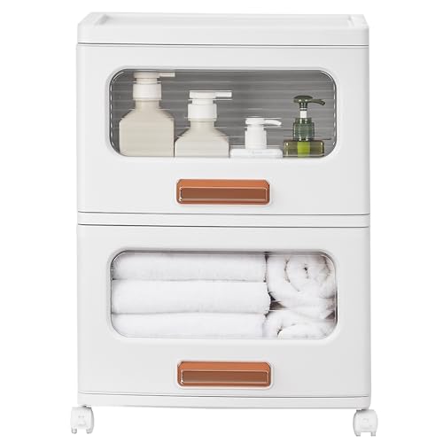 VECELO Plastic Storage Cabinet with Drawers, Stackable Storage Bins with Wheels, Waterproof Bathroom Storage Organizer, Multi-Tier Storage Drawers for Bedroom, Living Room, Kitchen, Medium 2-Tier
