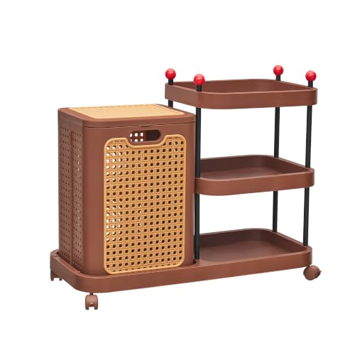 VECELO Rattan-Style Rolling Laundry Hamper Cart, 3-Tier Storage Shelf with Wheels, Foldable Plastic Laundry Basket with Lid, Multi-Purpose Organizer for Bathroom, Laundry Room, Bedroom, Brown