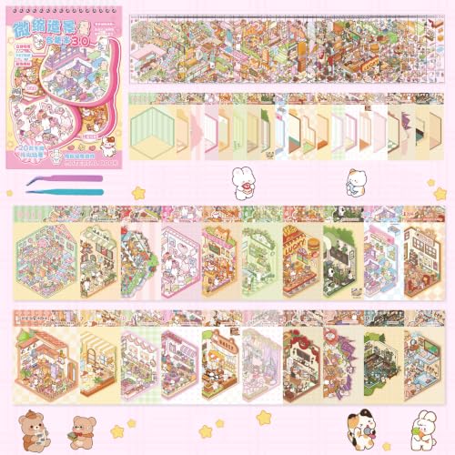 VeeGeeQ 20 Sets DIY 3D Sticker Scene for Kids Girls Boys, Kawaii Cute Mini Scene Sticker, Cartoon Animal Scene Book, Make Your Own House Sticker Book, Therapy for Adults Relief Stress Pass The Time