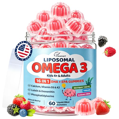 Vegan Omega 3 Gummies for Kids & Adults - 1280mg Liposomal Omega-3 Fatty Acid DHA EPA Supplement - with Vitamin D3, K2, Calcium & Magnesium - Algae, Sugar Free, Mixed Berry Flavor