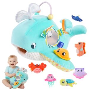 Velenyth Baby Sensory Toys 6-12 Months - Montessori Ocean Adventure Set with Soft Whale & 6 Sea Animals, Rattle, Crinkle, Squeaker & Mirror for Fine Motor Development