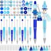 Vellibring 12 Set Christmas Beadable Pens Plastic Bead Pens Winter Snowman Blue Bulk Ballpoint DIY Crafting Pens Making Kit with Pendants Lobster Clasps for Students Teens School Office Supplies