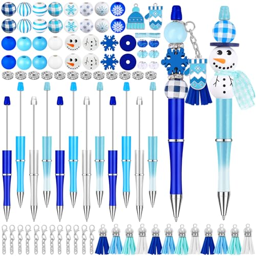 Vellibring 12 Set Christmas Beadable Pens Plastic Bead Pens Winter Snowman Blue Bulk Ballpoint DIY Crafting Pens Making Kit with Pendants Lobster Clasps for Students Teens School Office Supplies