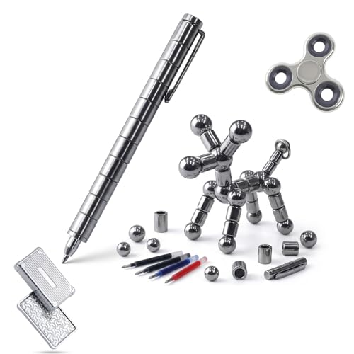 Velmory Magnetic Fidget Pen for Adults, Metal Magnet Pen Desk Toy Set with Fidget Spinner, Magnetic Beads, Tubes and Ink Refills, Transformable Office Fidget Gadget Gifts for Men Women