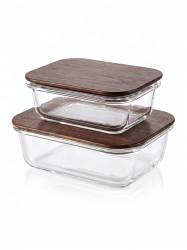 Verdara 4-Piece Glass Food Storage Containers with Acacia Wood Lids, Assorted Sizes, 2 × 35 oz + 2 × 21 oz Nesting Rectangular Glass Meal Prep Set, Borosilicate, BPA-Free Plastic-Free, Aesthetic