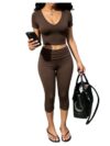 Verdusa Women's 2 Piece Sets Crop Shirts with Fold Over Capri Pants Coffee Brown X-Large