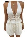Verdusa Women's 2 Piece Vacation Outfits Metal Decor Halter Tops and Shorts Apricot Medium
