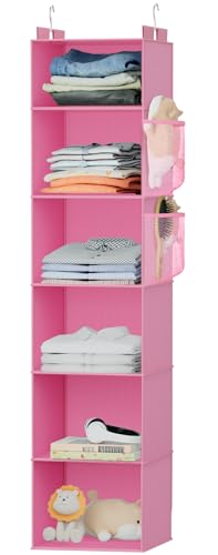 VERONLY Hanging Closet Organizer and Storage with Bamboo Support, 6-Shelf Closet Hanging Storage Shelves, Closet Organizers Easy Mount Foldable for Bedroom (Pink)