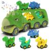 Veslier Dinosaur Car Toy for 3 4 5 Years Old Boys, Friction Power Carrier Truck with 4 Pack Small Pull Back Dino Car, Christmas Birthday Gift for 3+ Boy Girl Kids Toddlers